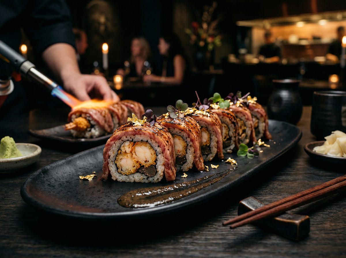 Black Dragon Roll — tempura lobster with torched A5 wagyu and gold leaf