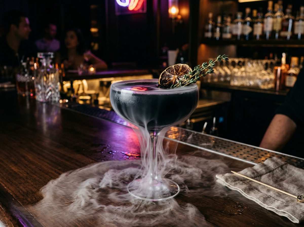 Dragon's Breath craft cocktail with dry ice in dragon goblet at MUI bar