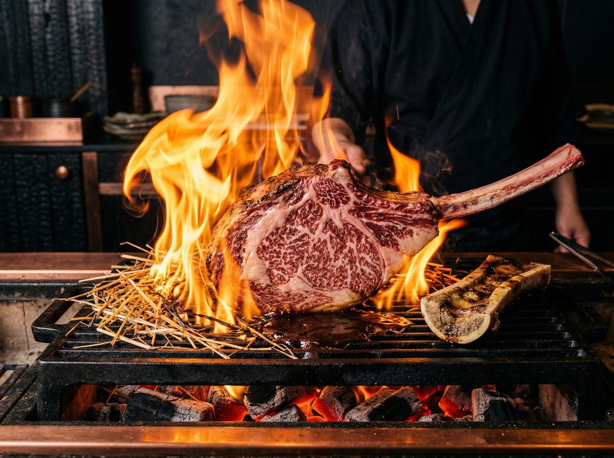 The Eternal Flame — 72-hour koji-aged A5 wagyu tomahawk with wara-yaki fire