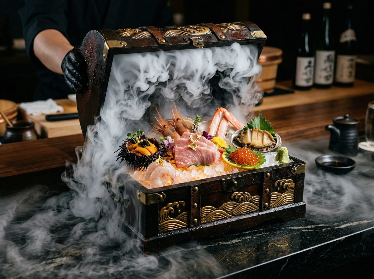 Ocean's Treasure Chest — locked wooden chest with dry ice revealing omakase platter