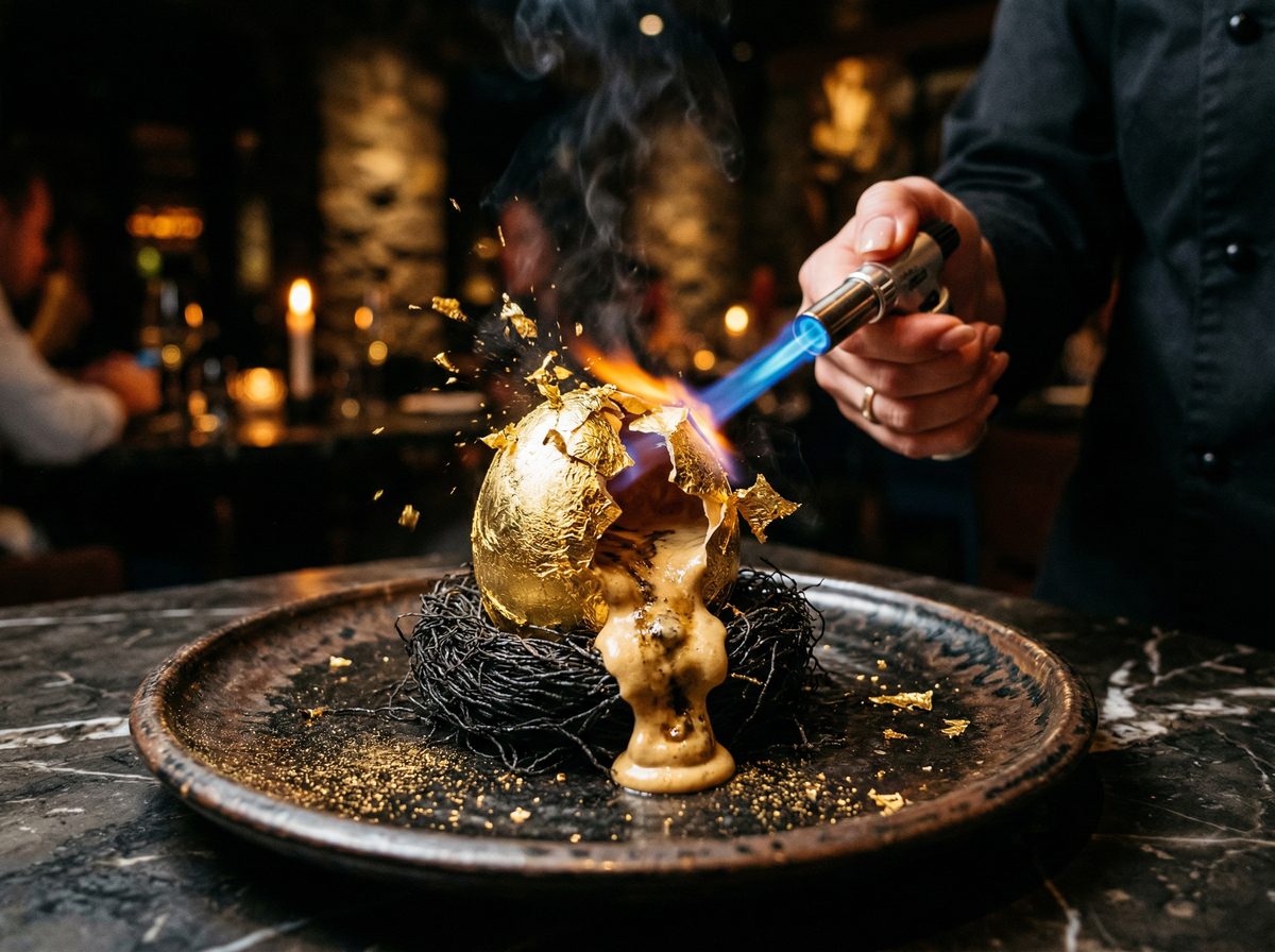 Phoenix Egg — gold-leafed sphere torched tableside revealing foie gras and truffle