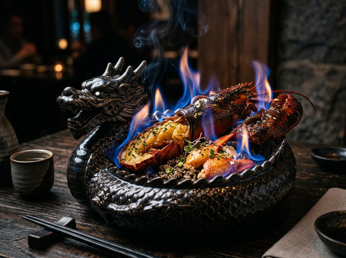 Rebirth of the Dragon — whole lobster in dragon vessel with sake blue flame
