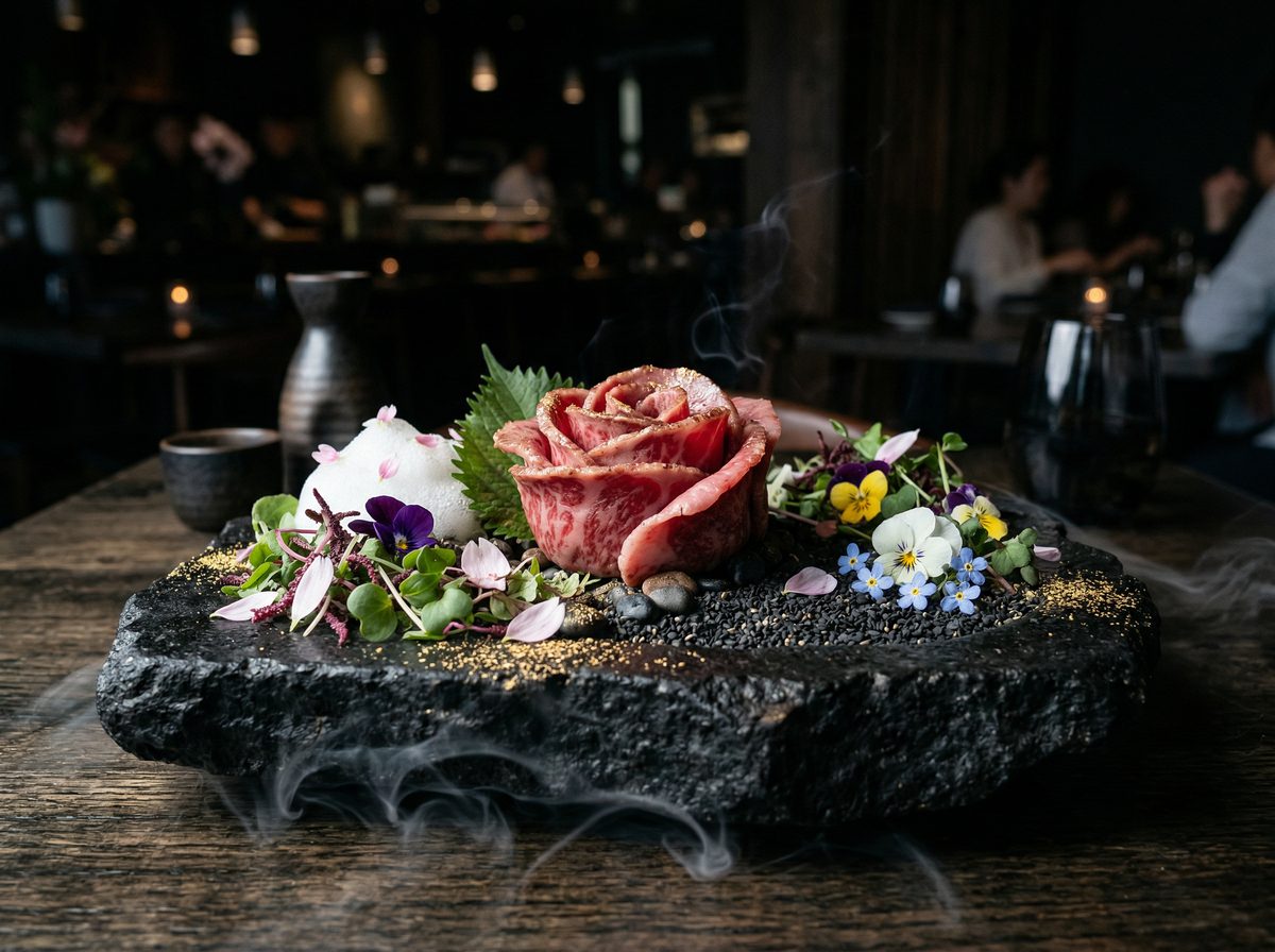 Sakura Smoke Garden — cherry blossom-cured A5 wagyu tataki rose at MUI Supper Club