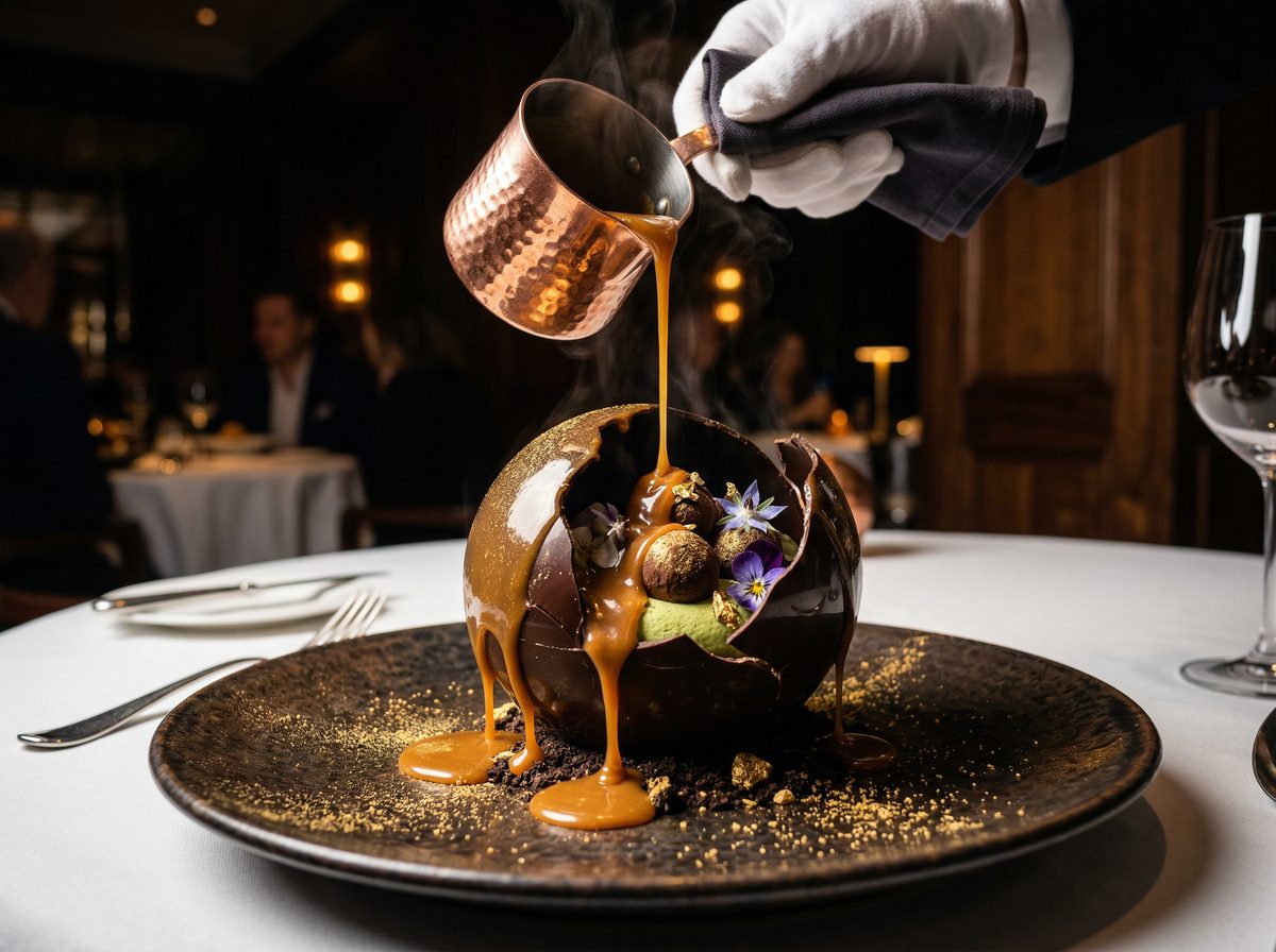 The Smoke Sphere — dark chocolate sphere with yuzu crème melted tableside